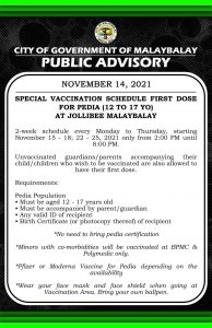 Special Vaccination Schedule First Dose for Pedia (12 to 17 YO) at Jollibee Malaybalay