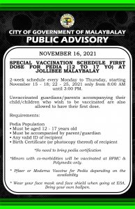 Special Vaccination Schedule First Dose for Pedia (12  to 17 YO) at Jollibee Malaybalay