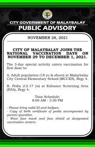 Public Advisory: City of Malaybalay Joins the National Vaccination Days on November 29 to December 1, 2021