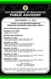 Public Advisory: Covid-19 Vaccination Schedule Enhance Screening Area (ESA), Brgy 4