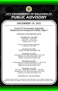 Public Advisory: Vaccination Schedule Enhance Screening Area (ESA), Brgy 4